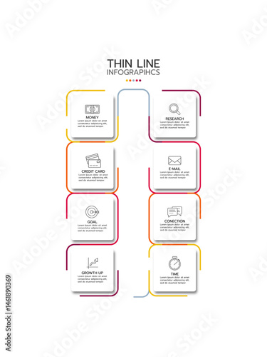 Thin line infographic template featuring eight rectangular elements arranged in two vertical columns, connected by a central line. The elements have a gradient from blue to orange and contain icons.