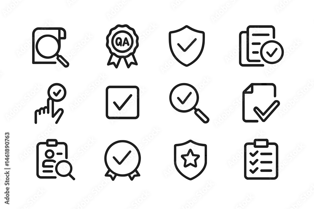 Vector illustration of quality assurance icons featuring checkmarks, shields, and magnifying glasses for compliance and verification Vector illustration of quality assurance icons featuring checkmarks, shields, and magnifying glasses for compliance and verification