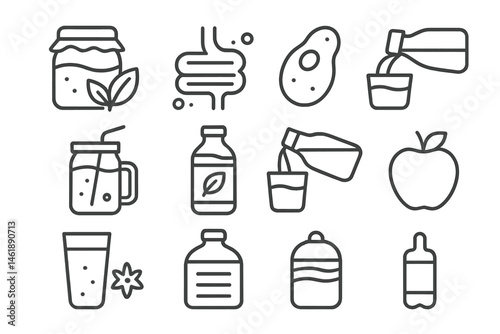 Vector illustration of healthy food and beverages icons in a minimalist design showcasing various nutrient-rich options