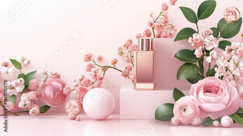 Feminine beauty composition with soft pink, rose gold, and wood elements on white minimal background