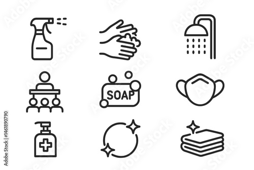 Vector illustration icon set showcasing hygiene and cleanliness practices including handwashing, soap, and sanitizers