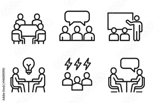 Vector illustrations of group activities including meetings, presentations, and brainstorming sessions