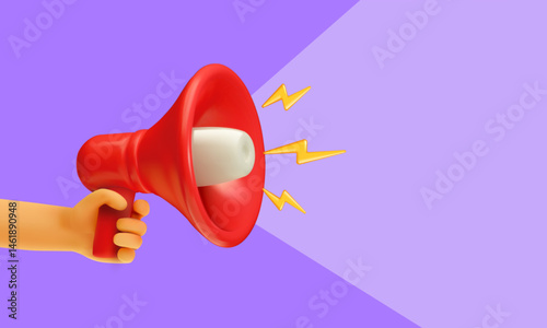 3D red megaphone held by hand with lightning bolts on purple background, symbolizing announcement, sound, and communication.