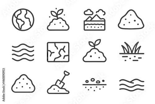 Vector illustration icons depicting nature elements such as earth, plants, water, and landscapes for environmental themes