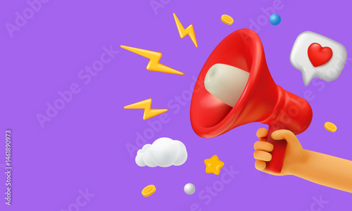 3D red megaphone held by hand with lightning, heart emoji, coins, and cloud on purple background, symbolizing communication and emotion.