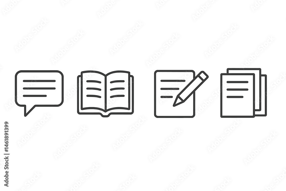 Vector illustration icons representing communication, reading, writing, and documentation in a minimalist style