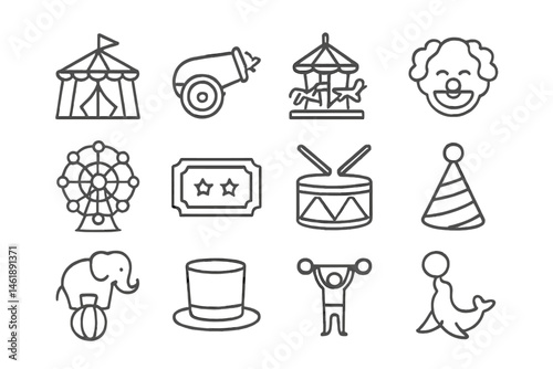 Vector illustration set depicting carnival and circus elements in a fun, engaging style suitable for various designs and themes