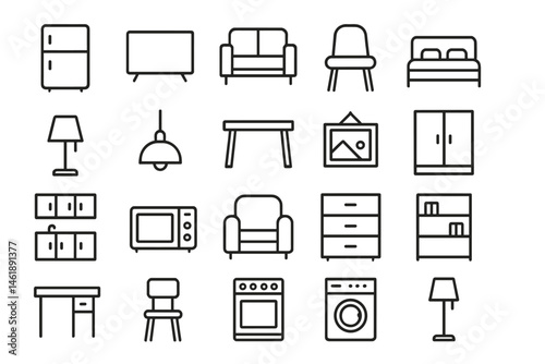 Vector illustration icon showcasing various furniture items for home interior design including kitchen and living room elements