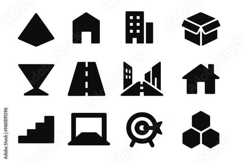 Vector illustration of various basic shapes and icons representing buildings, structures, and geometric figures in black design for digital use