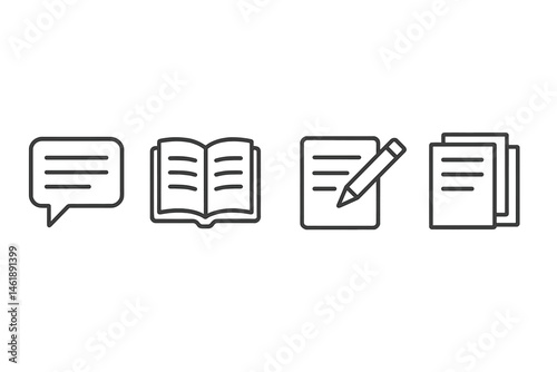 Vector illustration icons representing communication, reading, writing, and documentation in a minimalist style