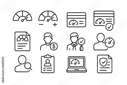 Various vector icons representing financial assessment, credit monitoring, and customer verification activities in a modern workspace