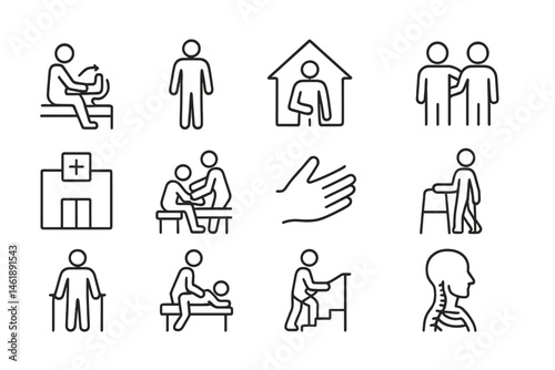 Vector illustration of human interactions in healthcare and rehabilitation activities representing various patient support scenarios