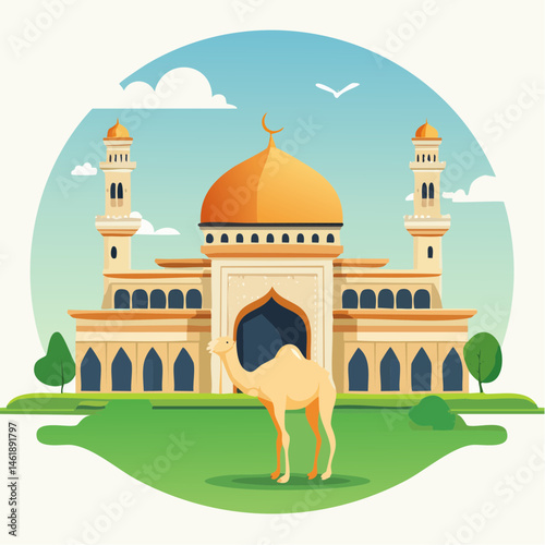 A majestic camel standing in front of a grand mosque, with intricate architectural details and a clear blue sky, representing the significance of Hajj and Eid al-Adha
