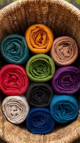 Colorful Rolled Linen Tea Towels in a Wicker Basket