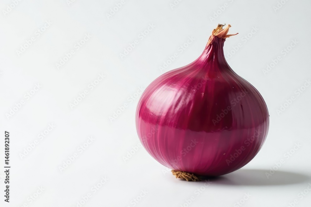 Fototapeta premium Perfectly centered red onion, smooth skin, stark white backdrop, ingredient, isolated