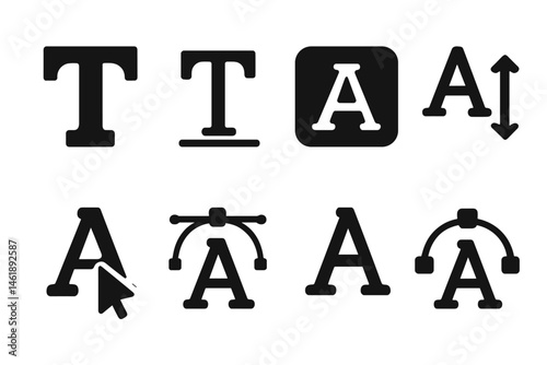 Vector illustration icons representing various text editing tools and typography features for graphic design and digital artwork