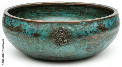 Oxidized Brass Singing Bowl with Green Detailing and Ornamental Medallion on a White Background