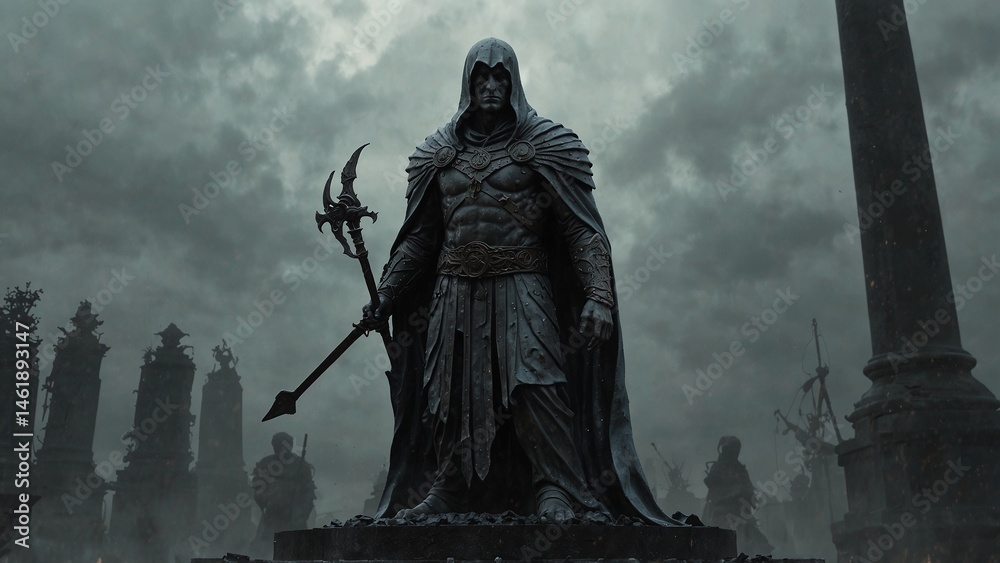 Fototapeta premium A statue of Merios, mist collecting at his cloak’s edge, guiding nameless dead home