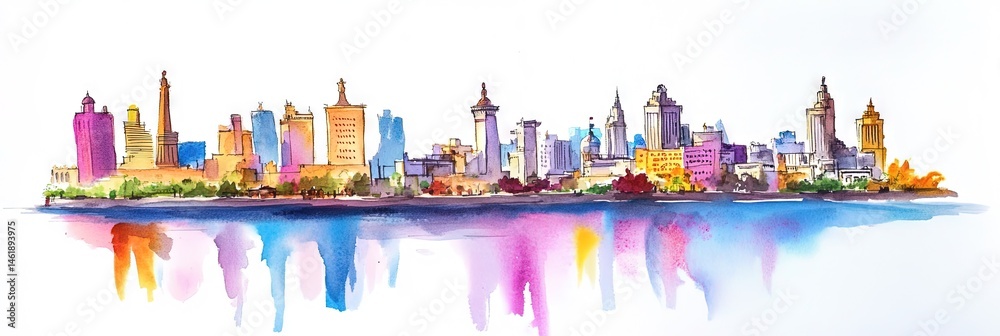 Obraz premium watercolor alexandria, egypt downtown skyline 