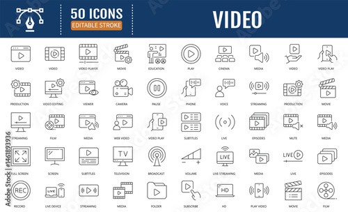 Video line editable icon set. Containing camera, play, pause, media, online video, live, production, player, movie, cinema and more. Vector Illustration