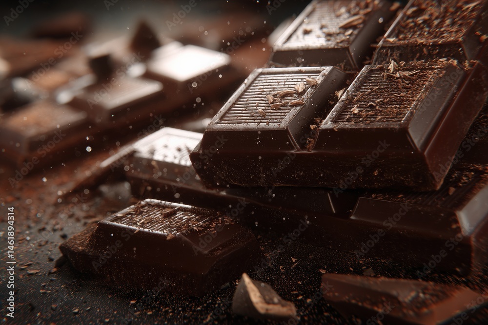Dark chocolate squares, cocoa powder, close-up. Dark chocolate squares, cocoa powder, close-up.