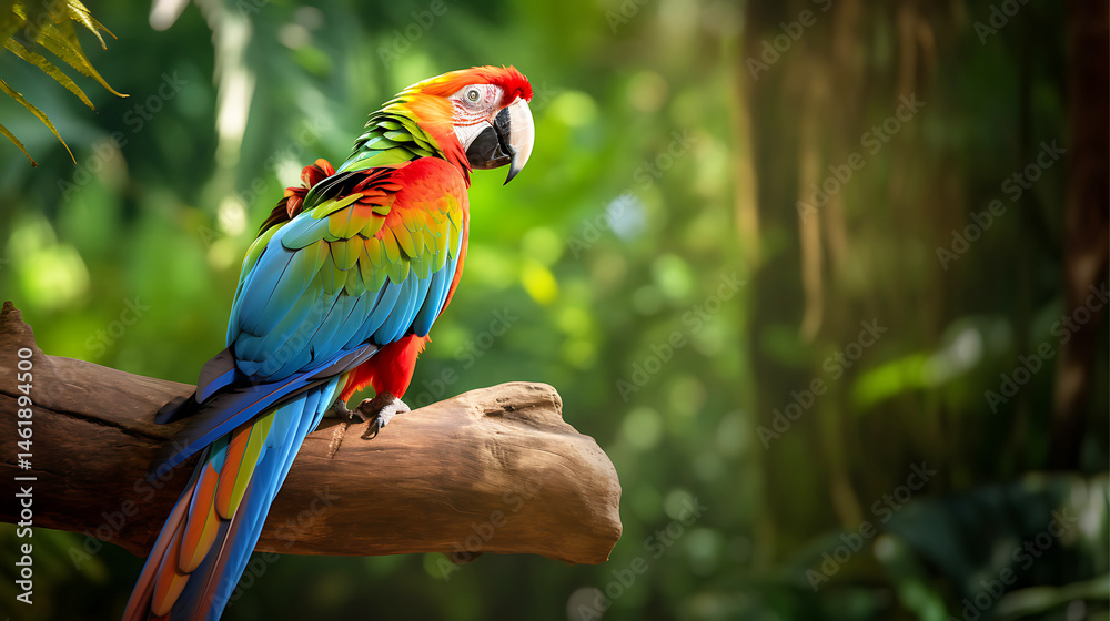 Obraz premium Full-Body Parrot Perched on Tree Branch in Rainforest