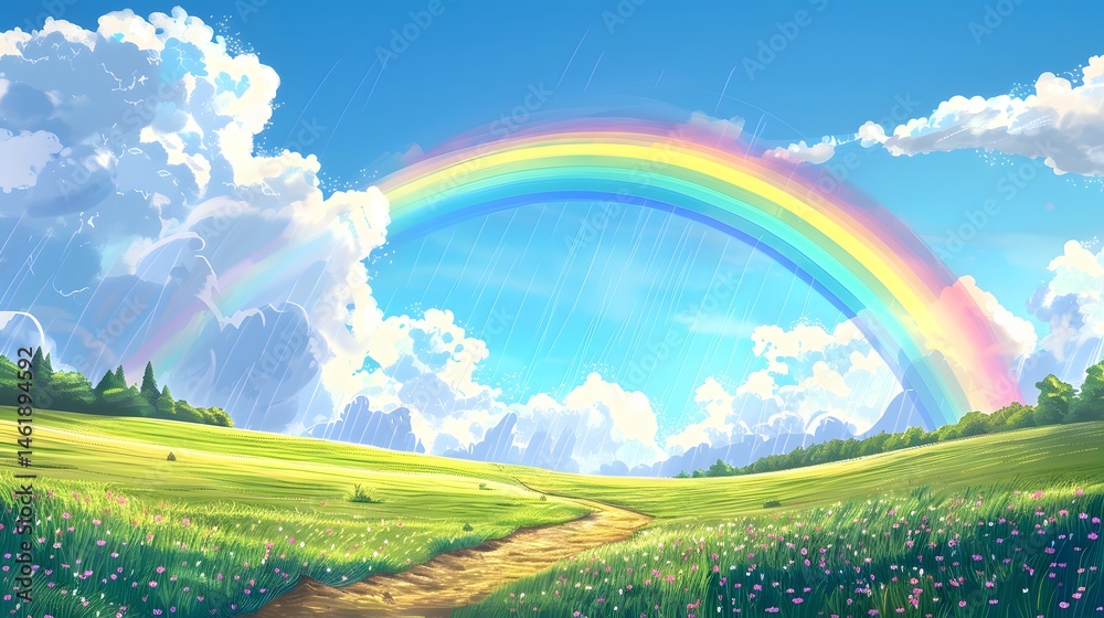 Obraz premium Rainbow After Storm: A vibrant rainbow arching across the sky after a rainstorm.