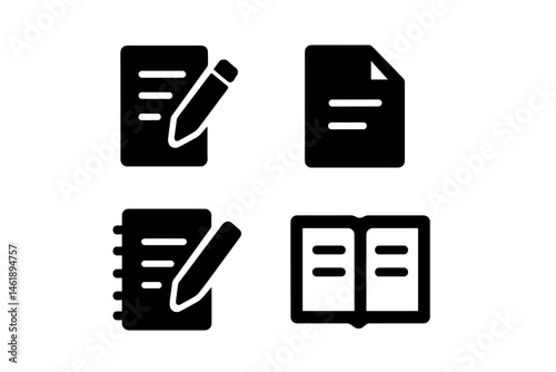 Vector illustration icons representing various writing documents and tools in a minimalist style for digital design use