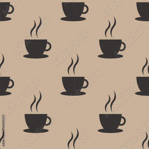 Seamless kitchen pattern with cups of coffee on a brown background