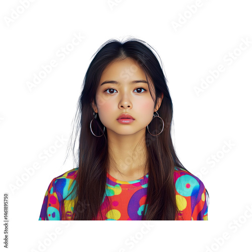 Portrait of a Young Asian Woman with Long Hair Wearing a Colorful Shirt