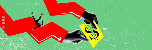 Man falls into red arrow while broken dollar bill exchanged by hands symbolizing economic failure, fight for finances. Conceptual design. Concept of crisis, finances, global crisis. Photocopy effect