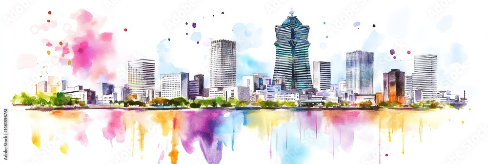 Naklejka premium watercolor osaka japan downtown skyline 