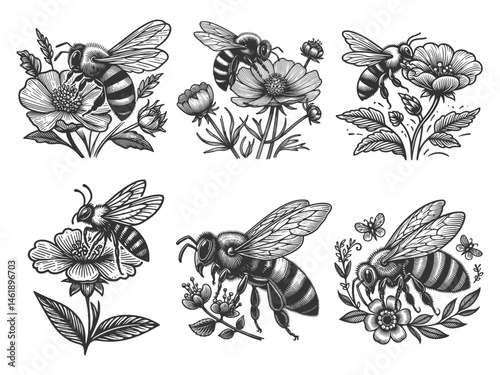 honey bee in various poses, interacting with honeycombs, flowers, and hives Set collection bundle sketch engraving generative ai vector illustration. Scratch board imitation. Black and white image.
