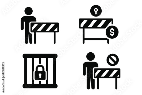 Vector illustration of safety and restriction icons depicting barriers, access control, and security measures in various scenarios