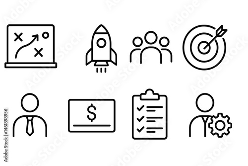 Vector illustration icons depicting business planning, teamwork, goal setting, and financial activities in a minimalist style
