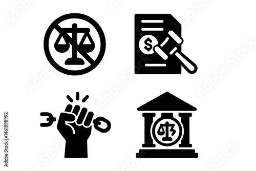 Legal icons representing justice, fairness, law enforcement, and courtroom regulations in a vector illustration style