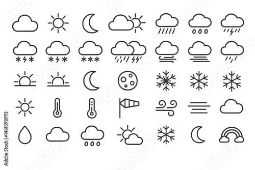 Weather icons in vector illustration style representing different atmospheric conditions and elements