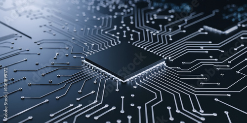 Close-up of a circuit board, showcasing intricate pathways and a central processor, symbolizing technology, innovation, and connectivity