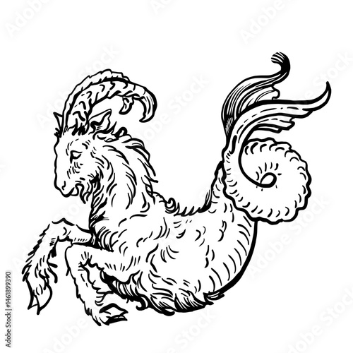 A classic rendering of Capricorn, the sea-goat, in a vintage style.
