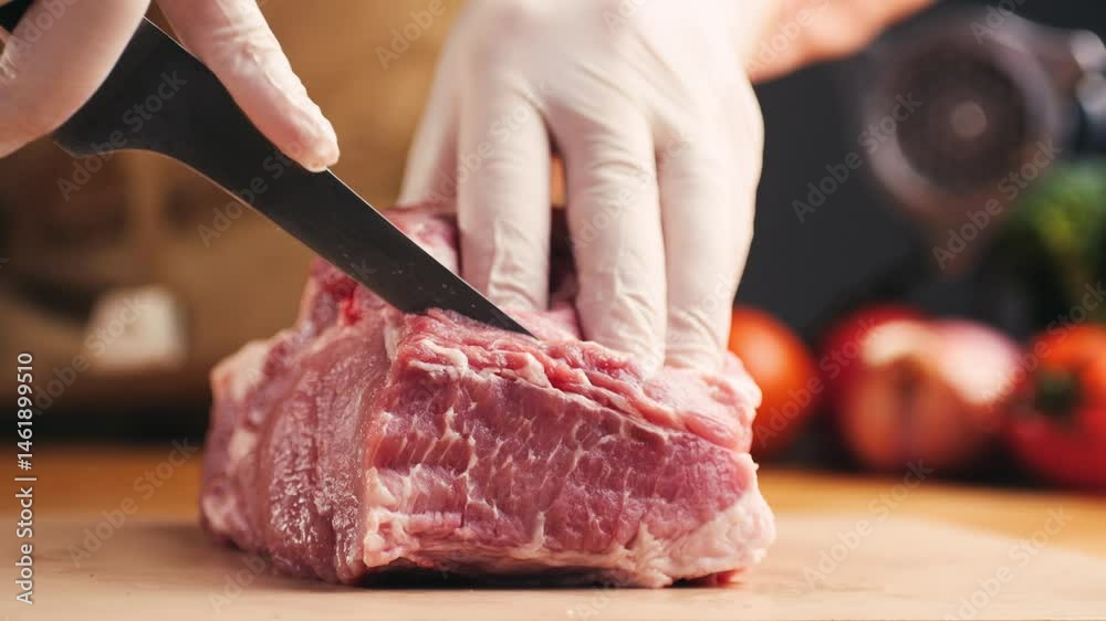 Man cut meat steak, beef pork neck cooking, Cook Butcher. The chef cuts the meat for cooking. Neck carbonate with vegetables cutting on ktchen for bbq grill, marinade. 