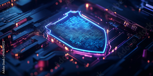 Digital Shield on Circuit Board, Cybersecurity Concept on Computer Chip, 3D Render of Shield on Technology Circuit