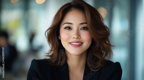 A professional woman exudes radiance with her warm smile in an office setting, symbolizing success and confidence in a contemporary business environment.