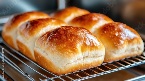 A tempting array of freshly baked golden-brown bread rolls sitting on a cooling rack, embodying warmth and comfort, perfect for anyone who loves delicious baked goods.