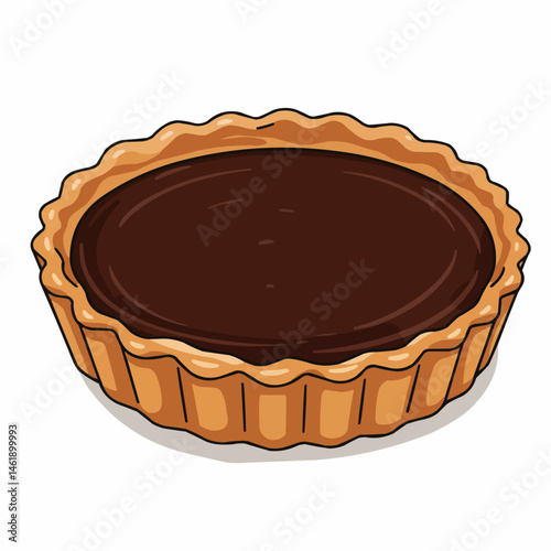 A partial view of a rich, dark filling pie with a golden-brown crust