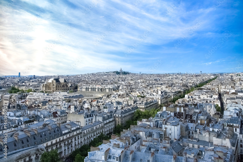 Obraz premium Paris, aerial view of the city, with the Saint-Eustache church, and Montmartre in background 
