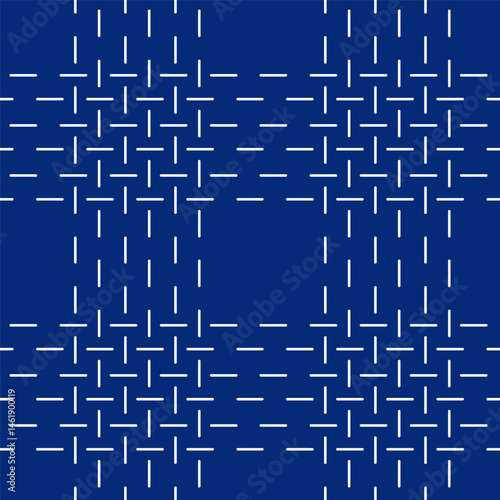 Linear geometric seamless pattern. Japanese sashiko embroidery. Ethnic needlework fabric design. Background with simple hand stitches. White intermittent lines on blue background