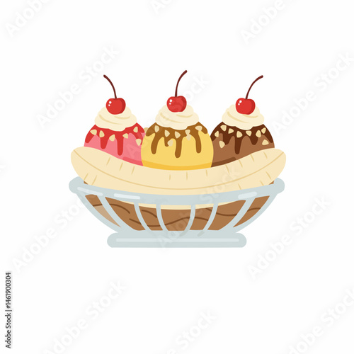 Delightful banana split with colorful ice cream and toppings