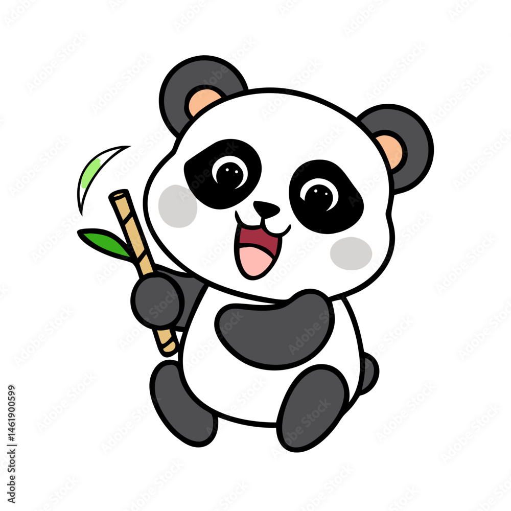 Cute panda character holding bamboo stick and smiling joyfully in a playful pose against a bright background Cute panda character holding bamboo stick and smiling joyfully in a playful pose against a bright background