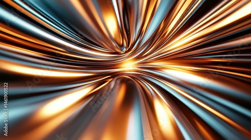 An abstract composition showcasing elegant swirls of golden and blue metallic tones, evoking a sense of fluidity and depth through vibrant light interactions within the image.
