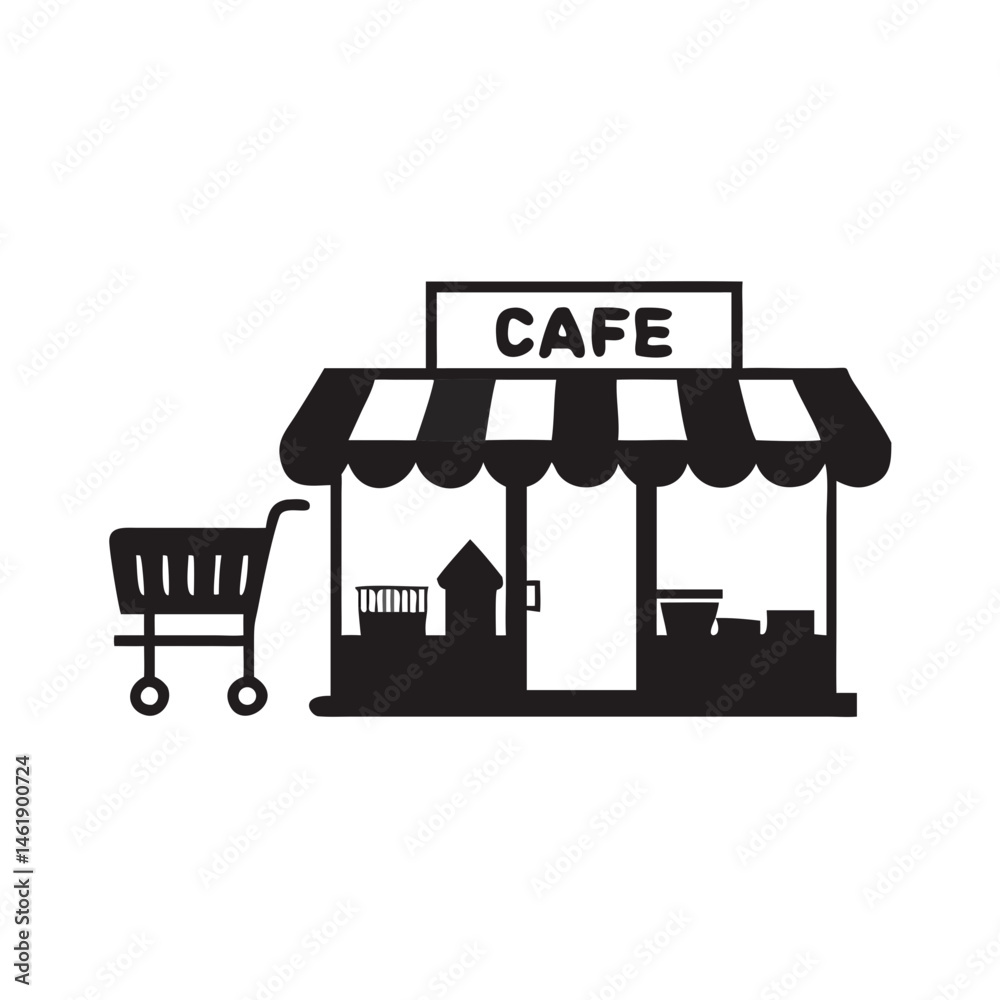 Naklejka premium Small café with a shopping cart outside in a sunny urban setting during the day